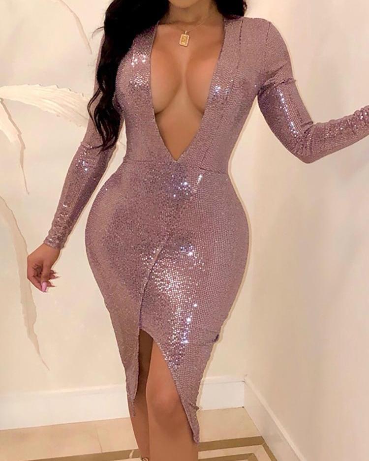 

Plunging Slit Irregular Sequin Party Dress, Pink