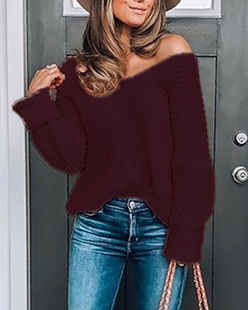 

Solid V Neck Long Sleeve Casual Sweater