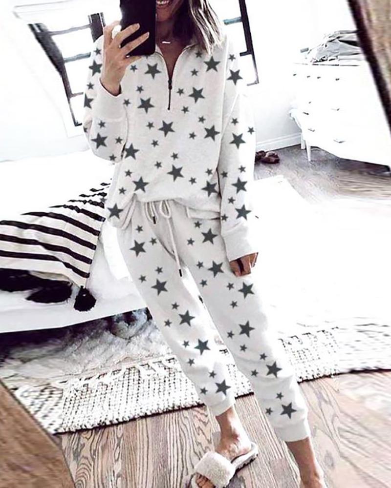 

Star Print Zipper Design Top & Drawstring Pants Set, White