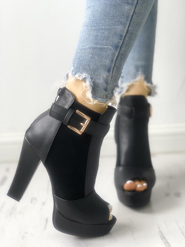 

Peep Toe Platform Chunky Heeled Sandals, Black
