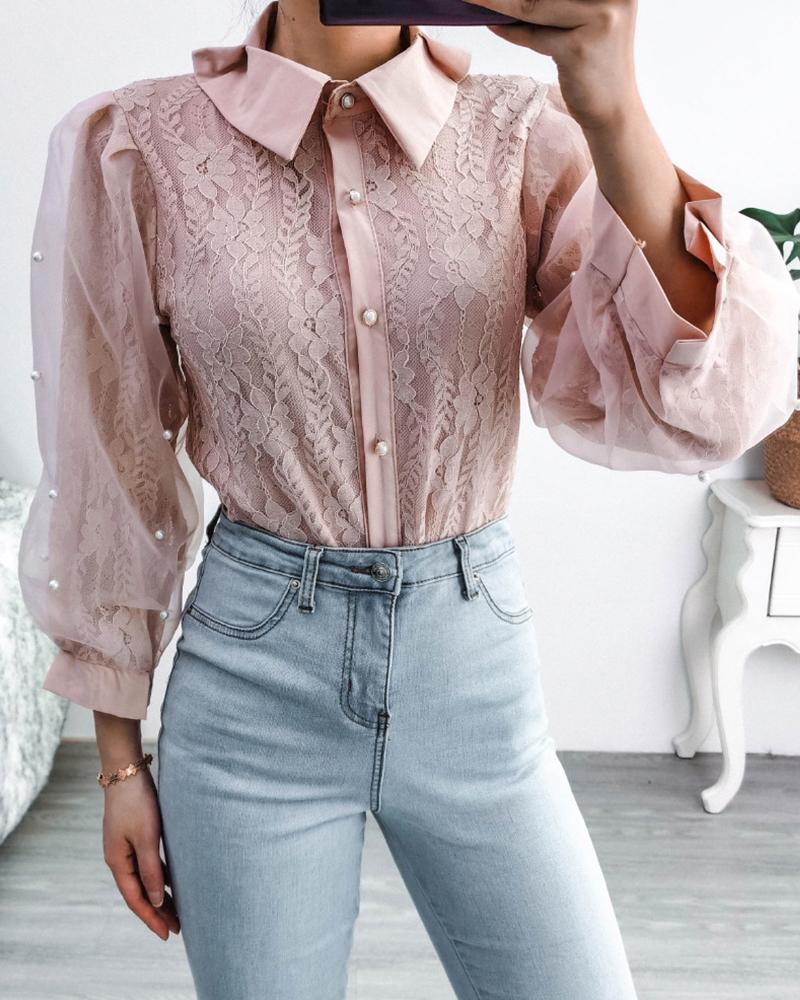 

Stitching Lace Long Sleeve Blouse, Pink