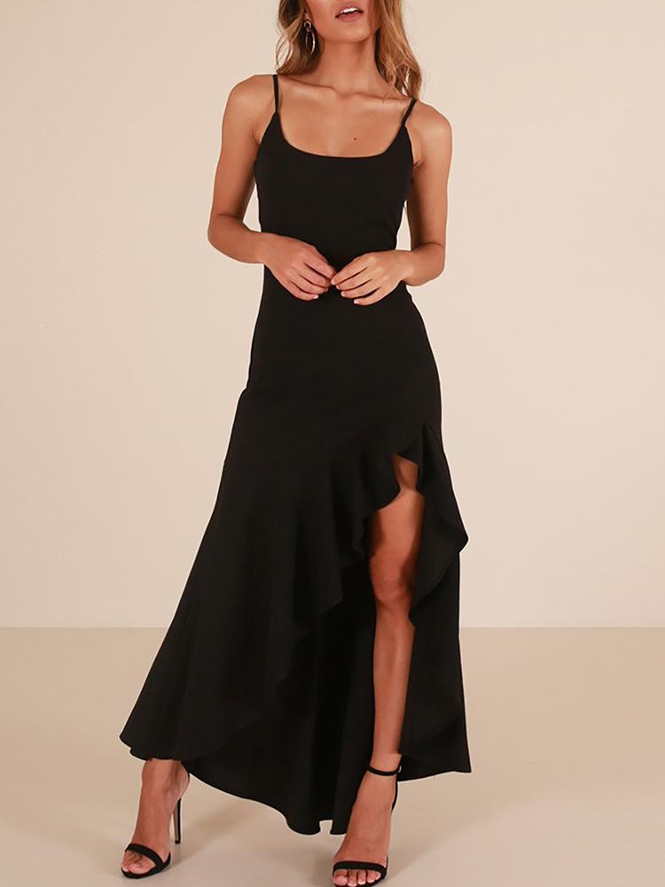 

Solid Spaghetti Strap Ruffles Irregular Dress, Black