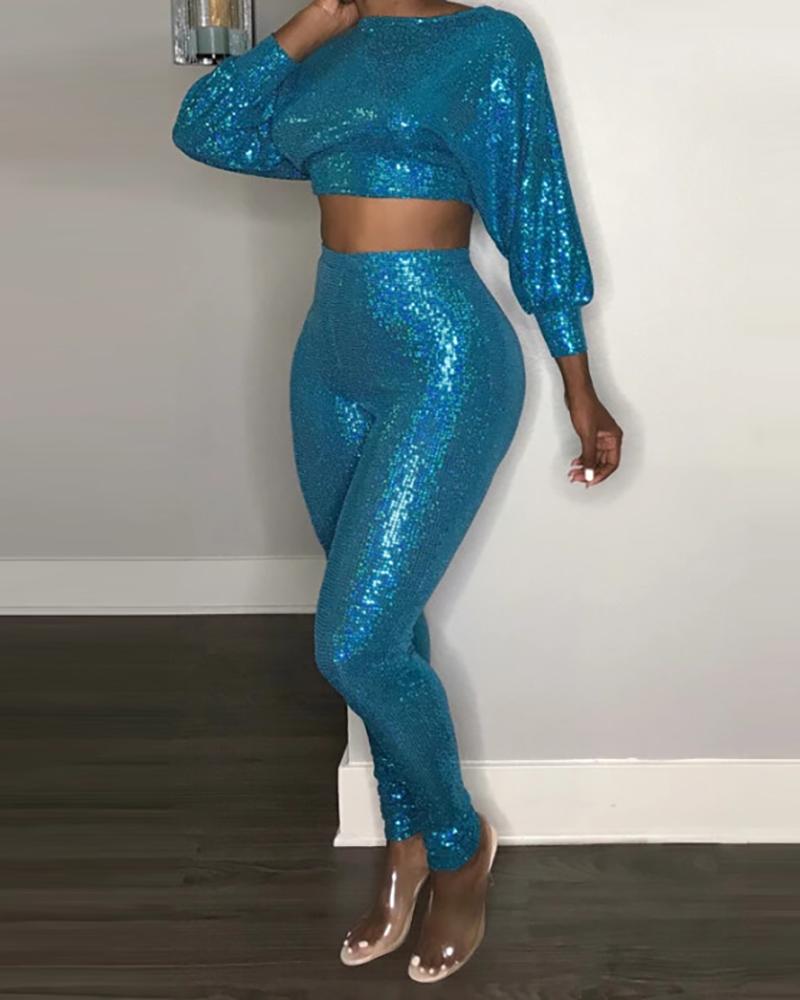 

Sequins Lantern Sleeve Crop Top & Slinky Pant Sets, Blue