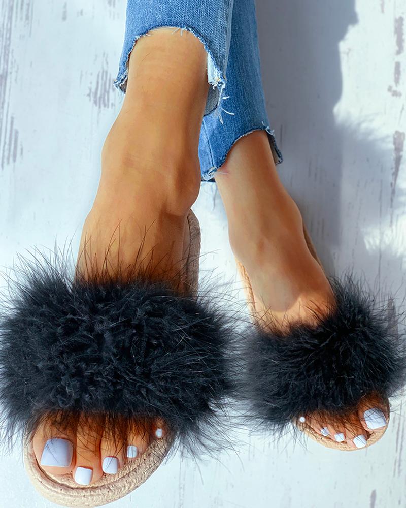 

Open Toe Fluffy Flat Slipper, Black