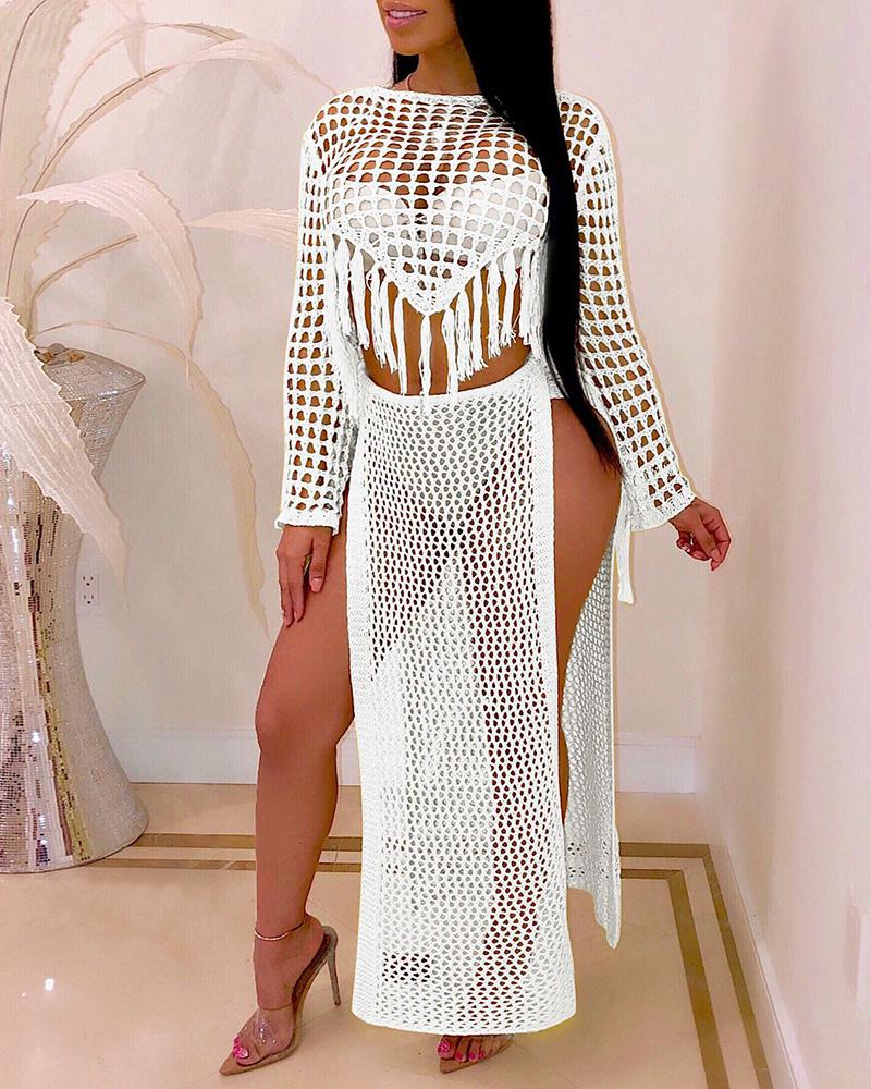 

Hollow Out Tassel Top & Slit Skirt Set, White