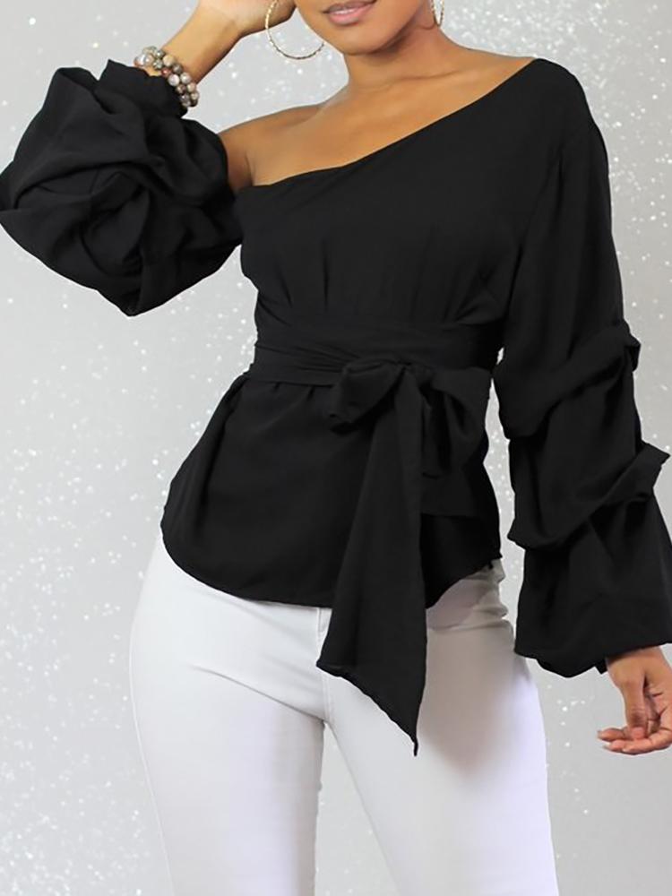 

Skew Neck Layered Lantern Sleeve Belted Blouse, Black