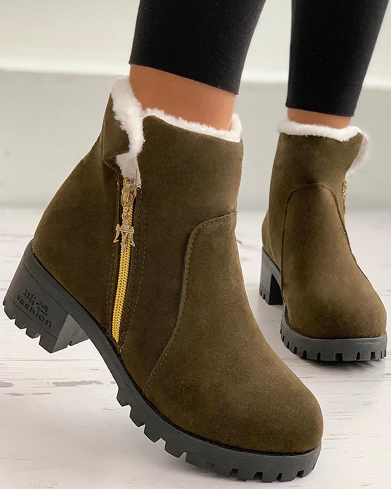 

Zipper Design Lined Chunky Boots, Army green