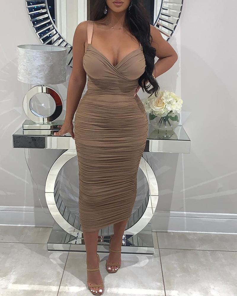 

V-neck Ruched Solid Midi Dress, Brown