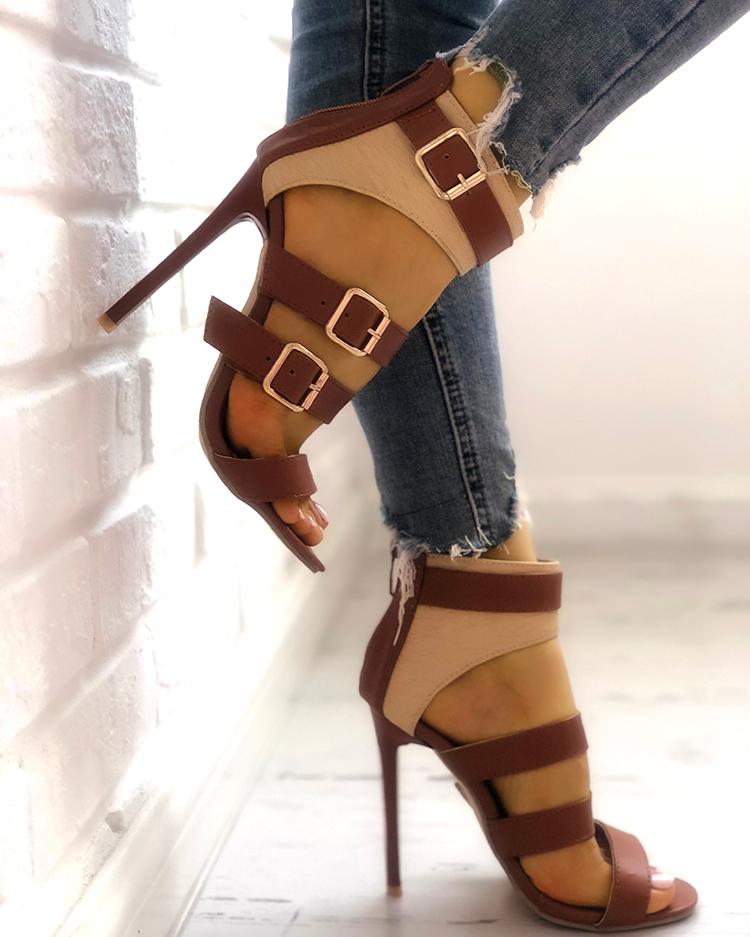 

Contrast Color Ladder Buckle Stiletto Heels, Brown