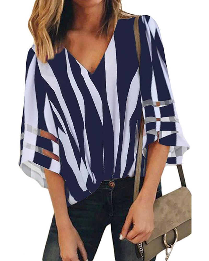 

Striped V-Neck Bell Sleeve Casual Blouse, Dark blue
