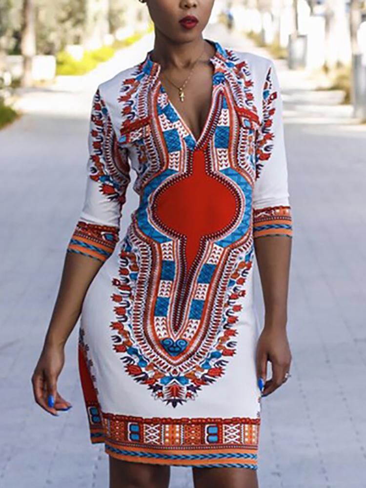 

Ethnic Totem Print V Neck Casual Dress, White