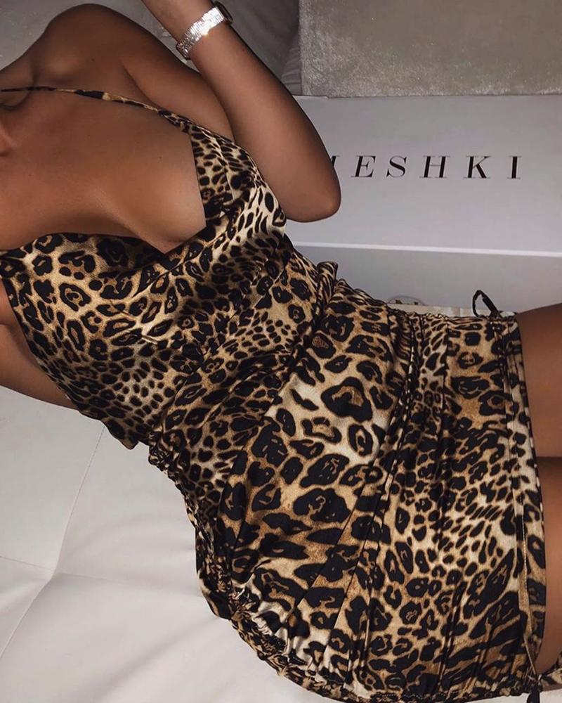 

Spaghetti Strap Leopard Print Cowl Neck Dress