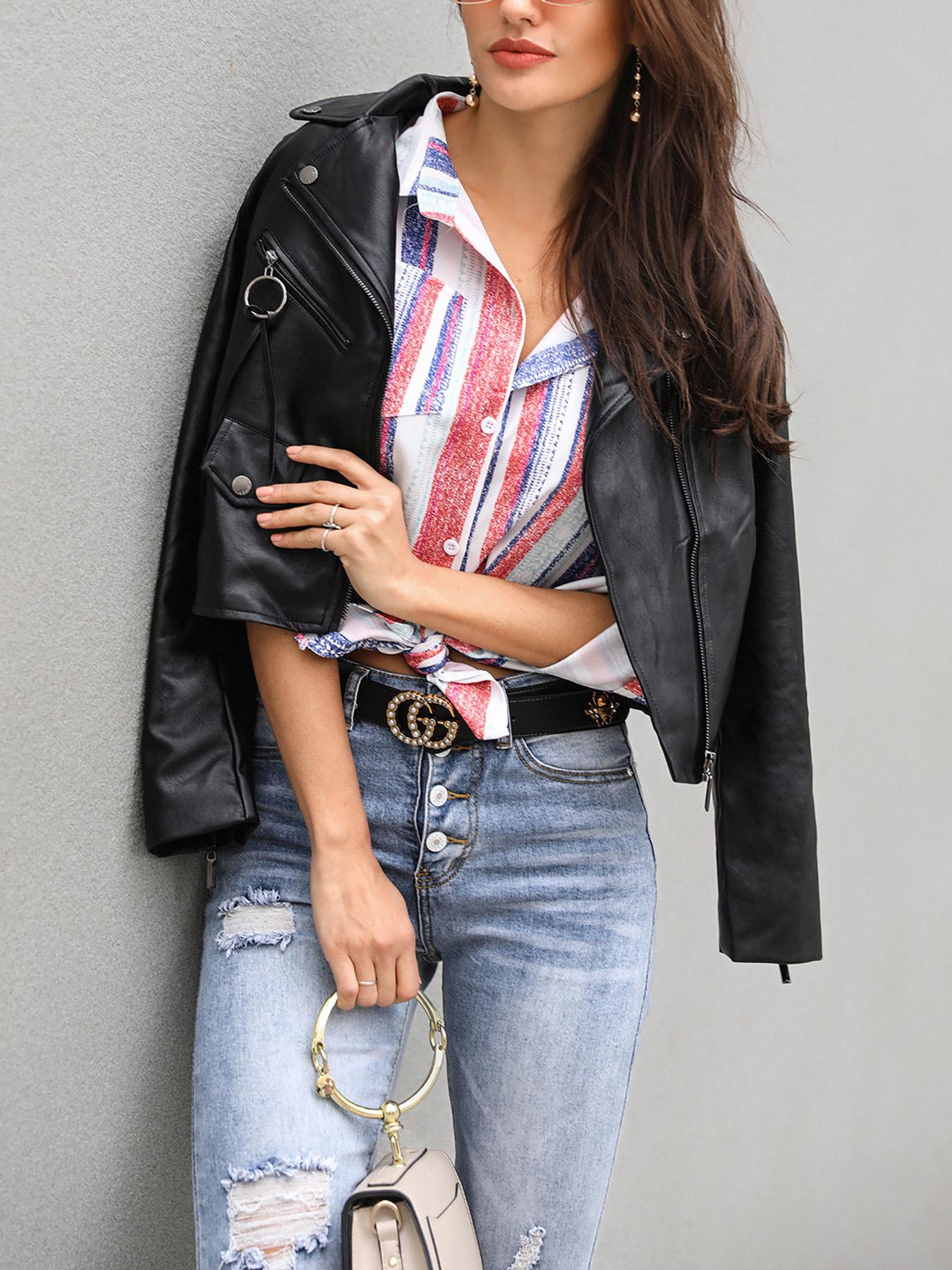 

Floral Embroidery Metallic Zipper Design PU Jacket