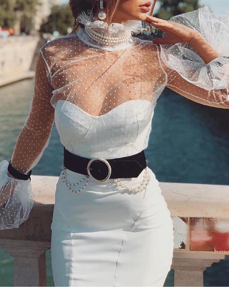 

Sheer Mesh Insert Ruffles Cuff Bodycon Dress
