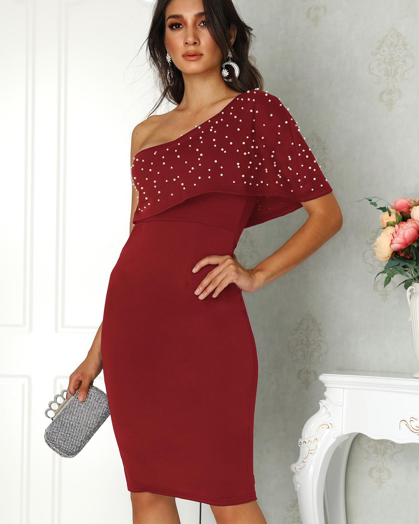 

Beaded Embellished One Shoulder Slit Bodycon Dress, Wine red