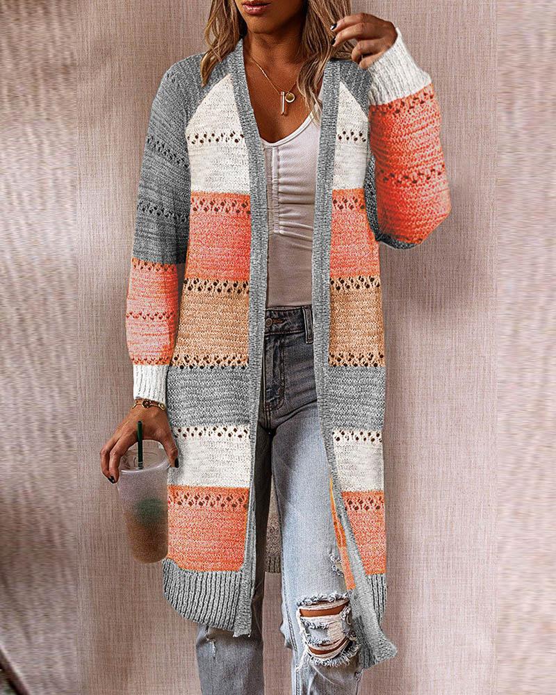 

Colorblock Hollow Out Knit Longline Cardigan, Orange