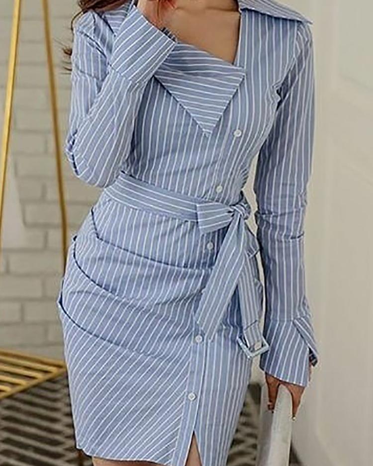 

Pinstripes Ruched Irregular Belted Shirt Dress, Blue