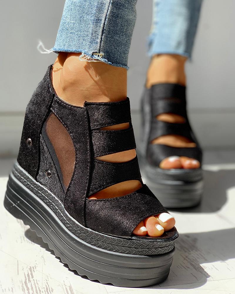 

Solid PU Hollow Out Platform Sandals, Black