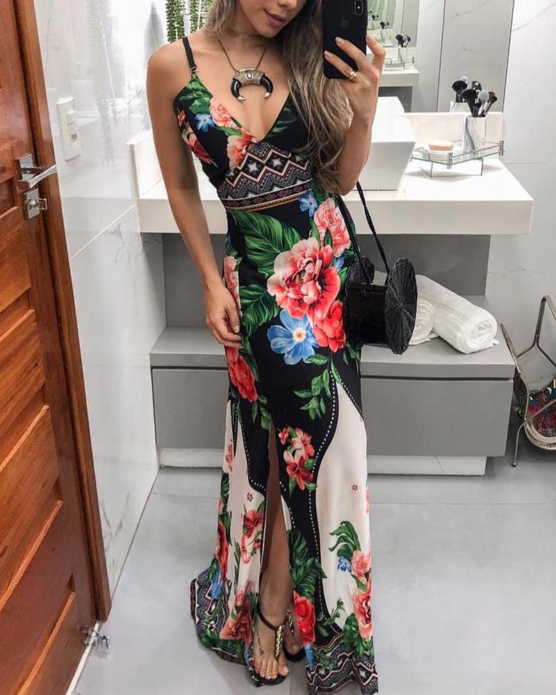 

Spaghetti Strap Floral Print Thigh Slit Dress, Black