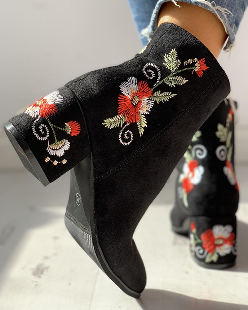 

Flower Embroidery Zipper Chunky Heeled Boots, Red