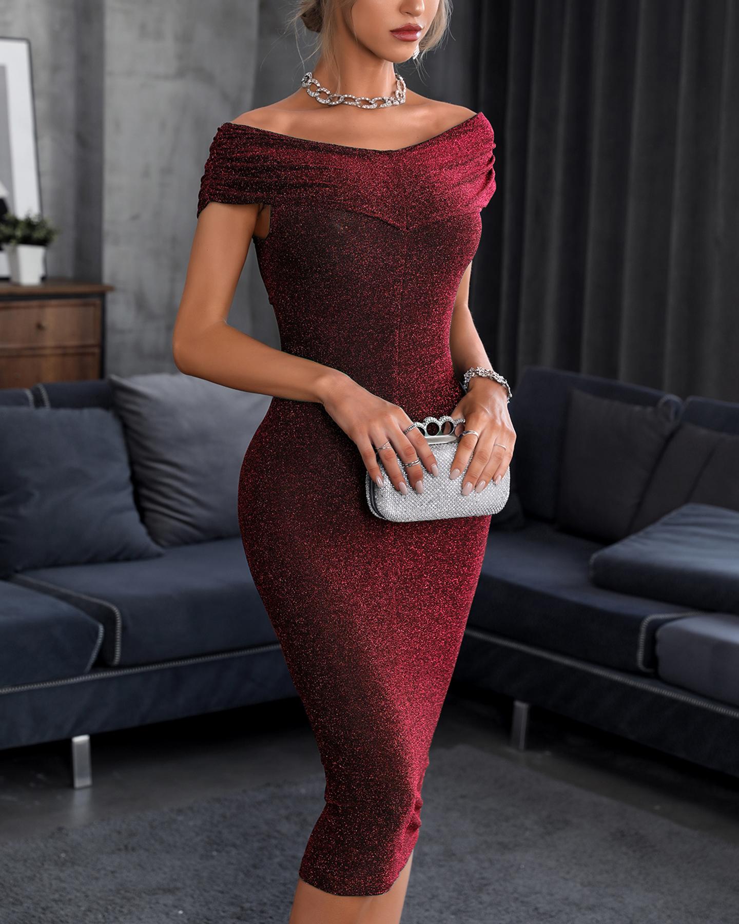 

Short Sleeve Wrap Glitter Dress, Wine red