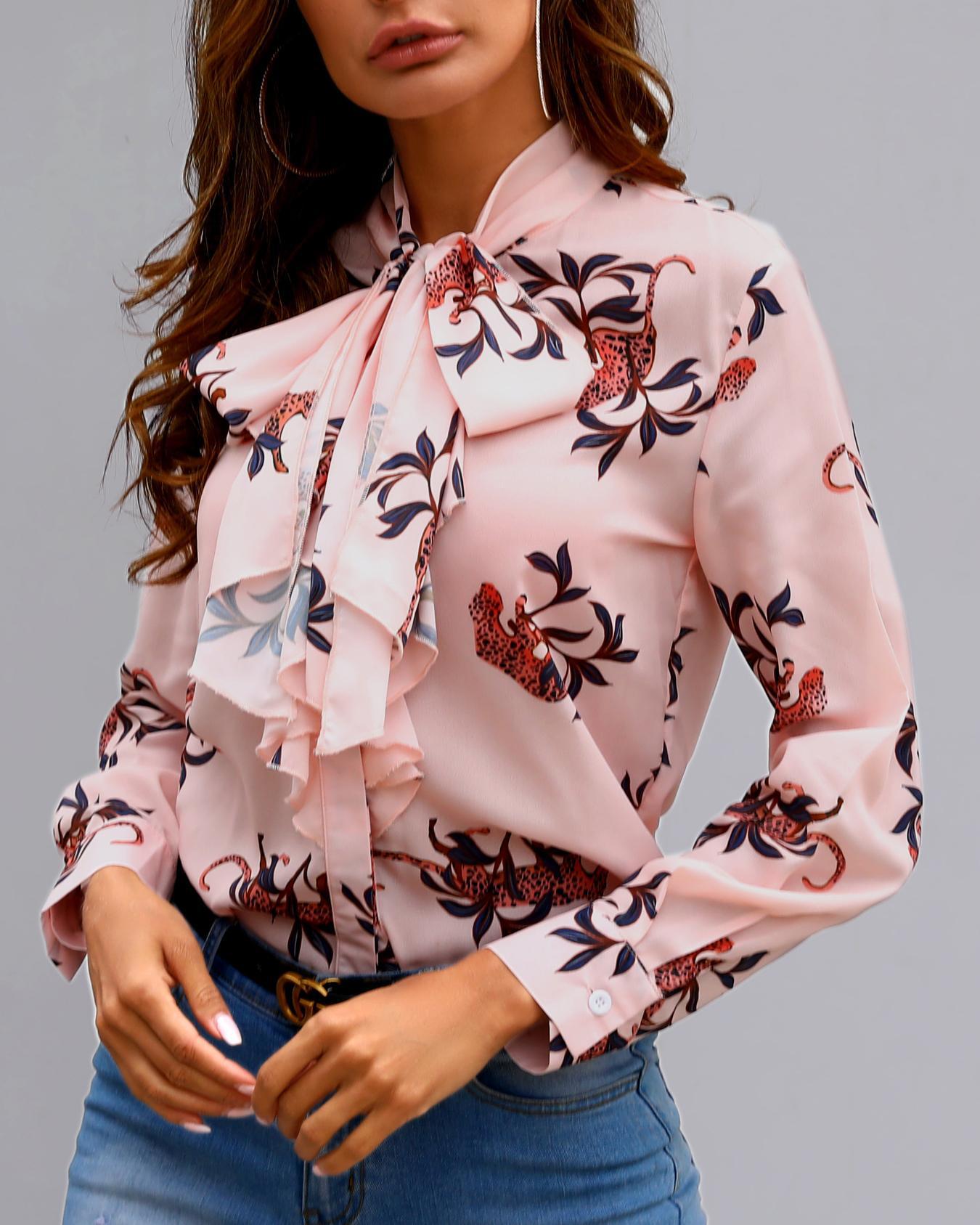 

Floral Print Tied Neck Casual Shirt, Light pink