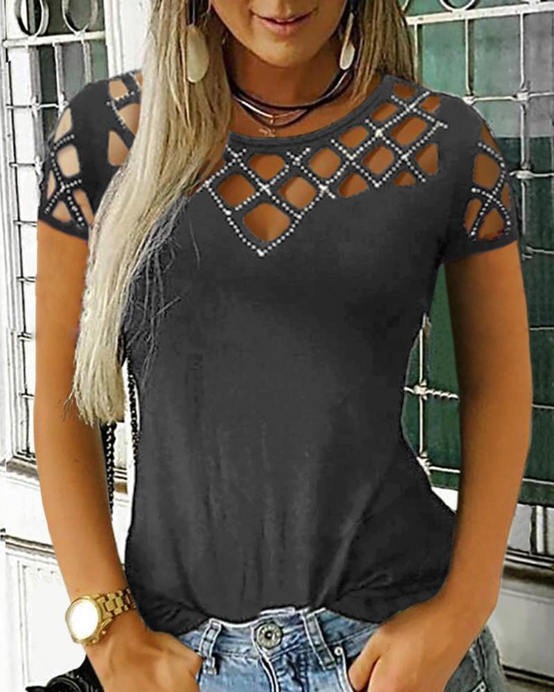 

Studded Grid Hollow Out Casual Top, Gray