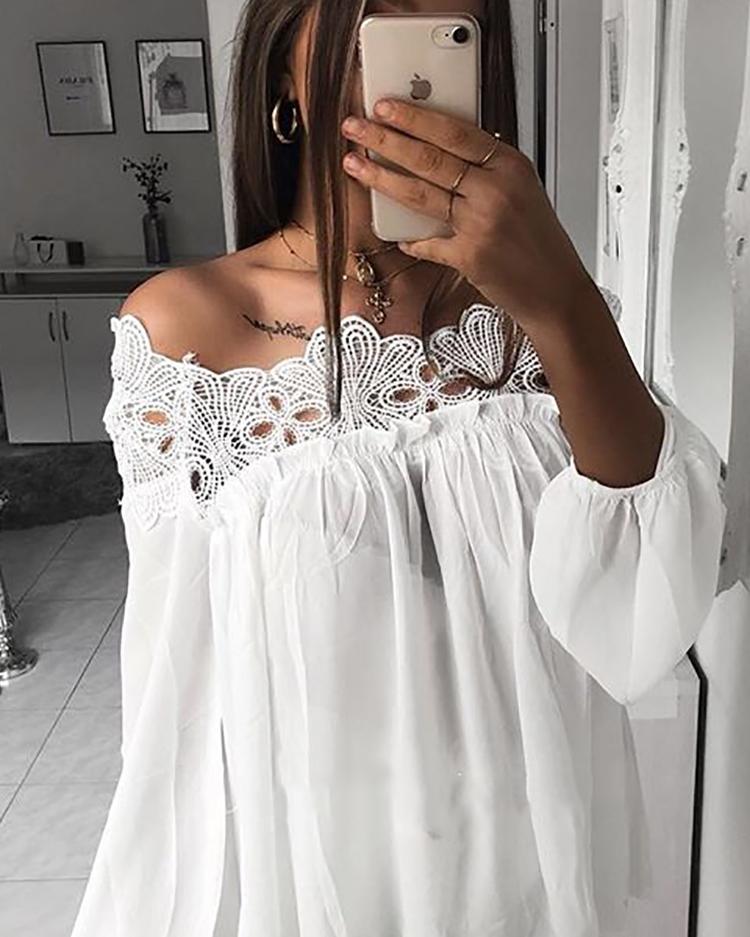 

Crochet Lace Splicing Off Shoulder Casual Blouse, White