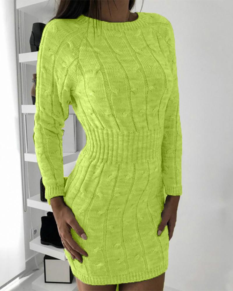 

Solid Long Sleeve Tight Waist Sweater Dress, Green