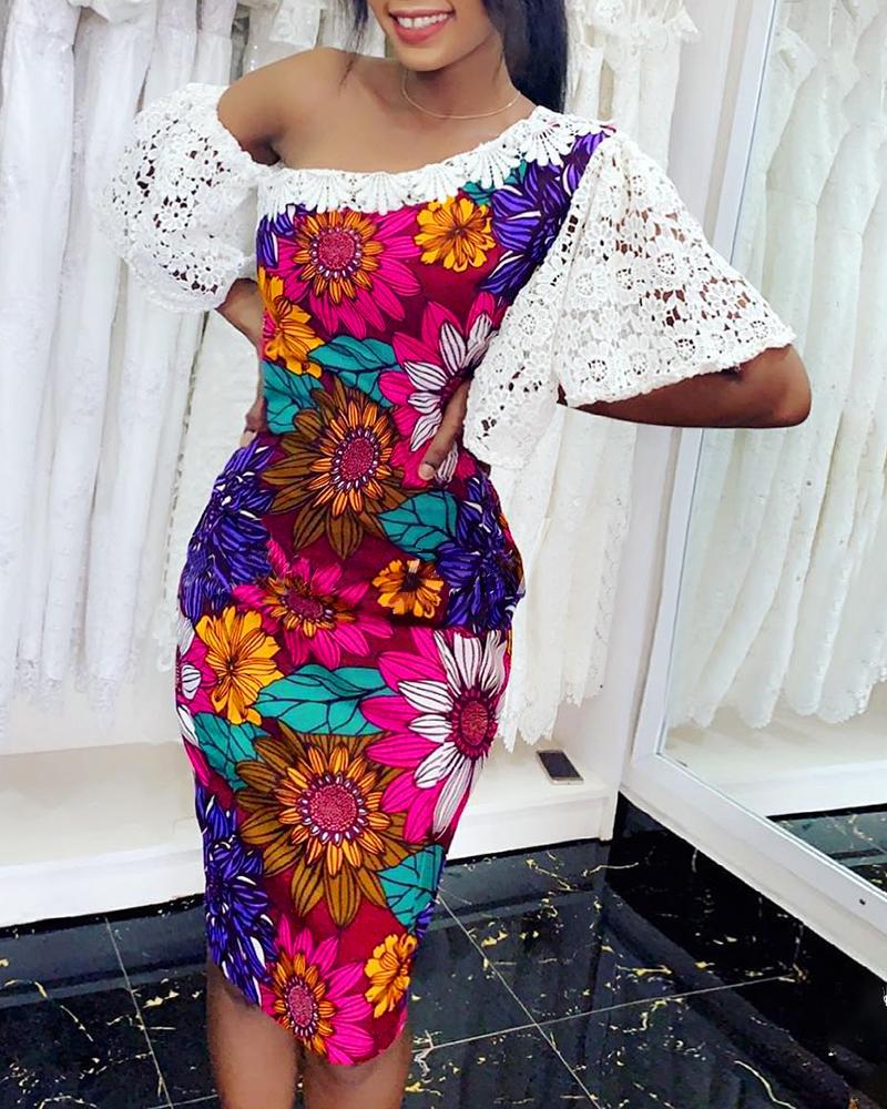 

Floral Print Crochet Lace Bodycon Dress, Multicolor