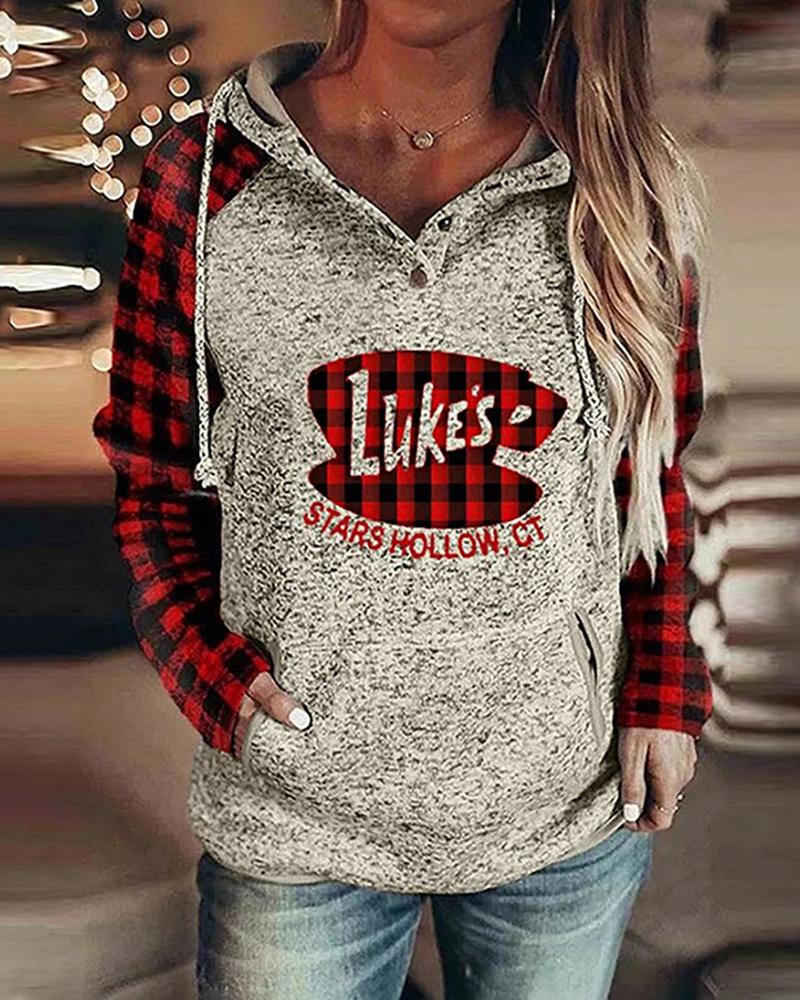 

Letter/ Heart Plaid Print Long Sleeve Hoodie, Style1