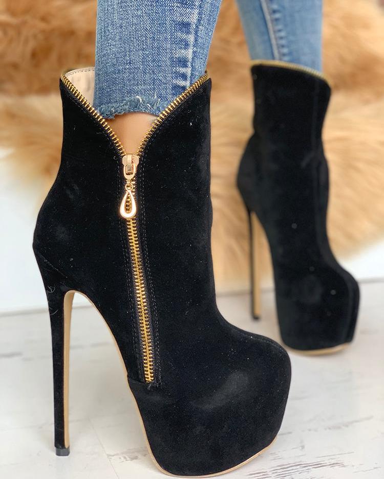 

Zip Design Platform Thin Heeled Boots, Black
