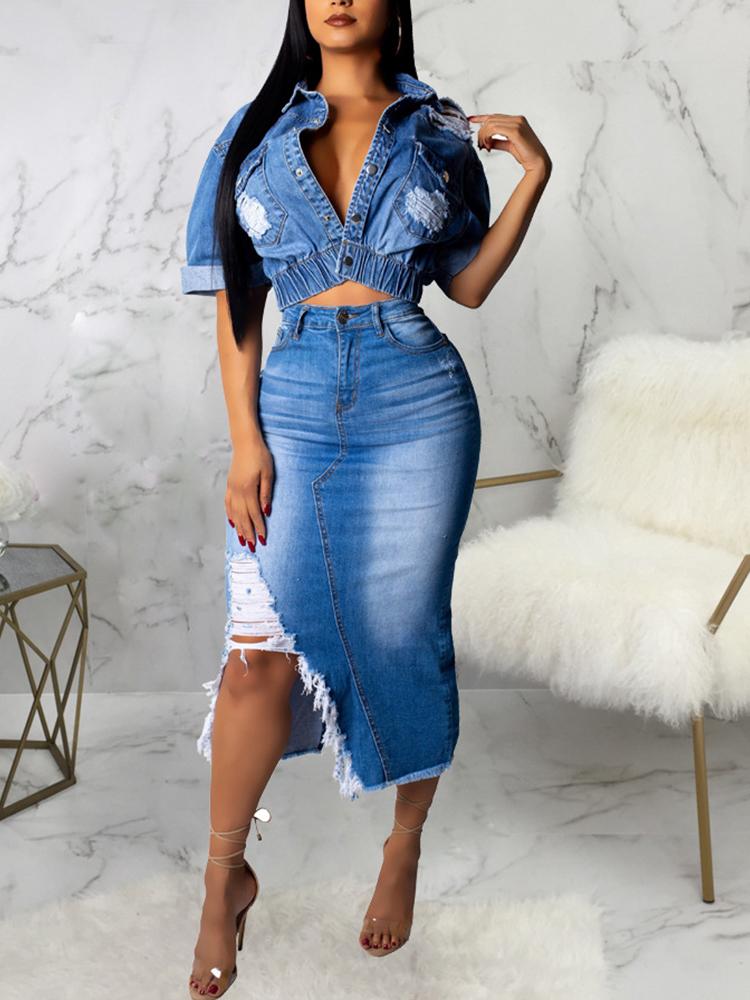 

Distressed Denim Top & Slit Skirt Set