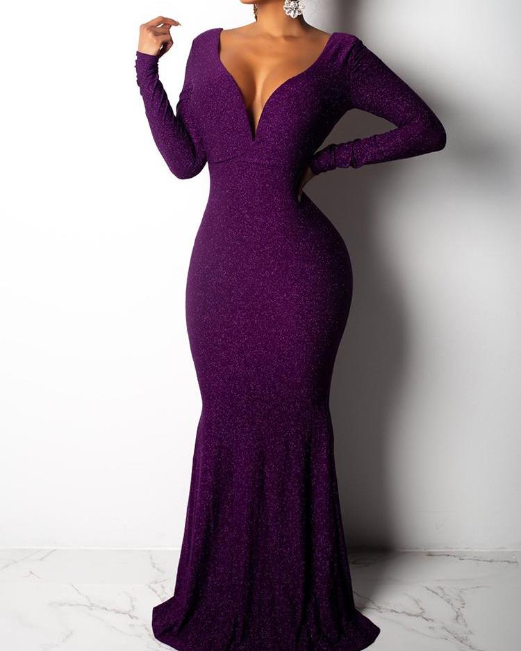 

Glitter V-Neck Open Back Prom Dress, Purple
