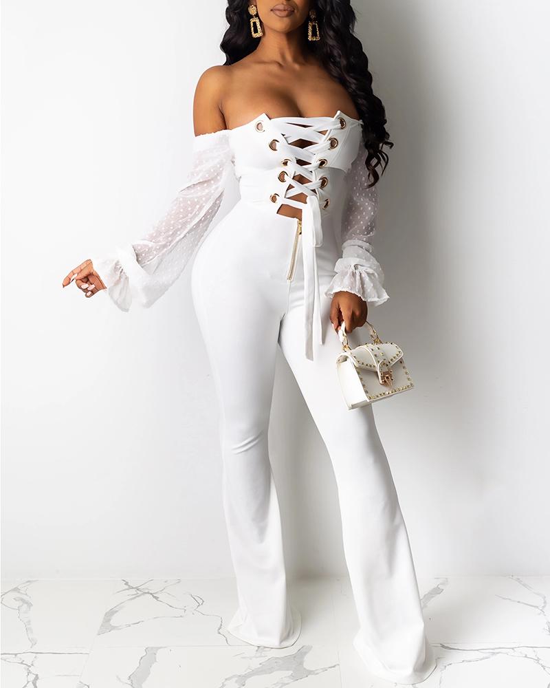 

Off Shoulder Eyelet Lace-Up Mesh Sleeve Jumpsuit, White