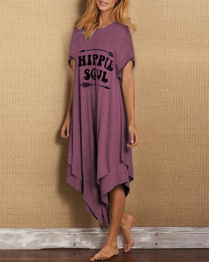 

Letter Print Round Neck Irregular Dress, Purple