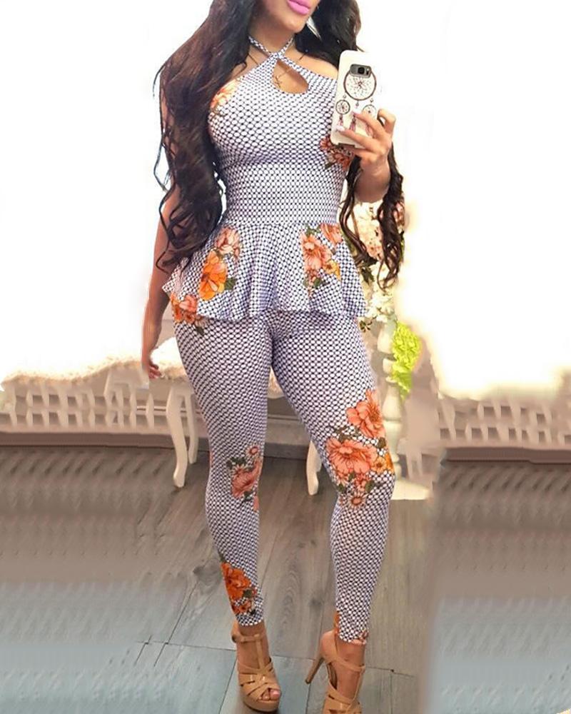 

Grid Floral Print Halter Ruffles Top & Pants Set, White