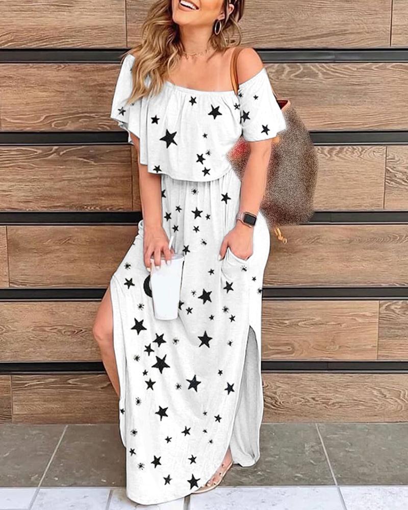 

Stars Print Off Shoulder Ruffles Slit Dress, White