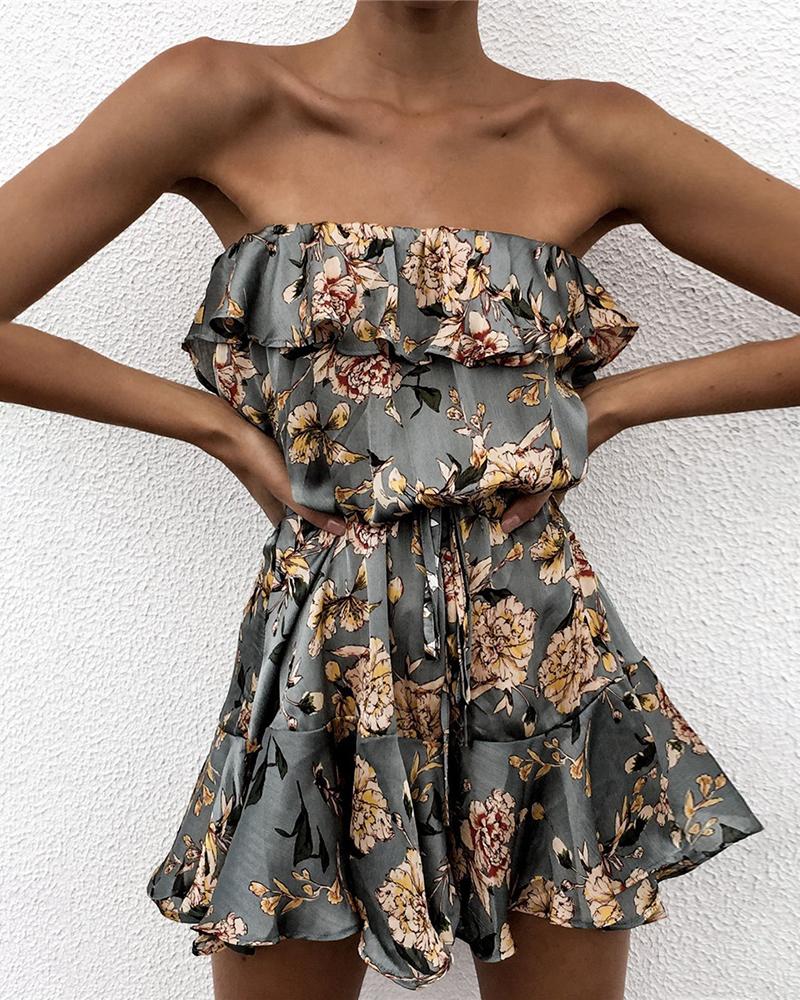 

Blooming Floral Print Bandeau Ruffles Romper, Gray