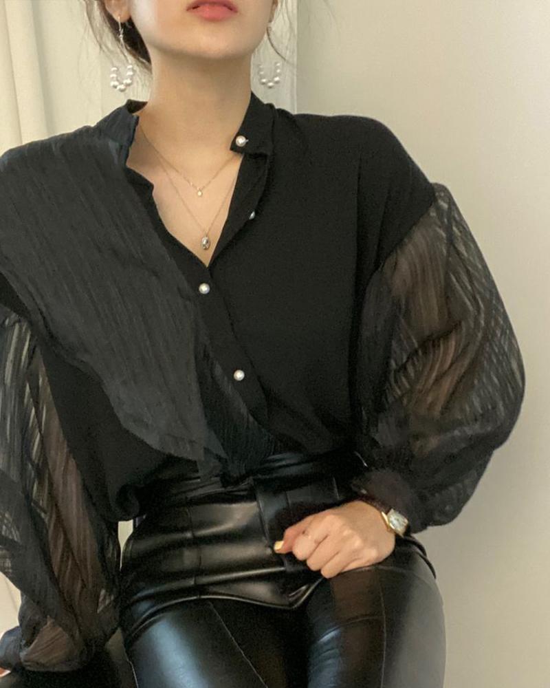 

Lantern Sleeve Sheer Mesh Top, Black