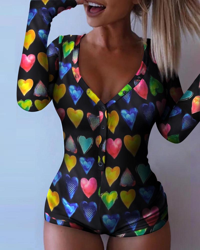 

Long Sleeve Heart Print V-neck Romper, Multicolor