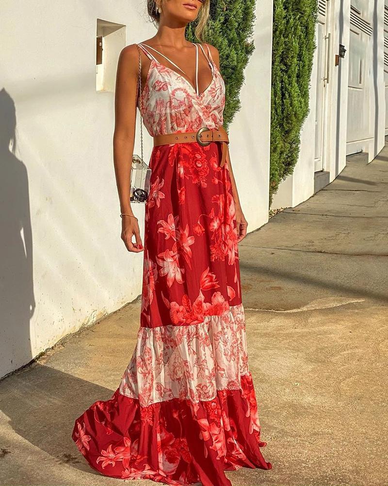 

Plunge Spaghetti Strap Colorblock Floral Print Maxi Dress, Red
