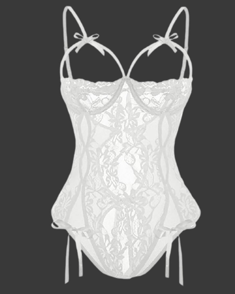 

Plain Lace Sheer Mesh Bowknot Design Teddy, White