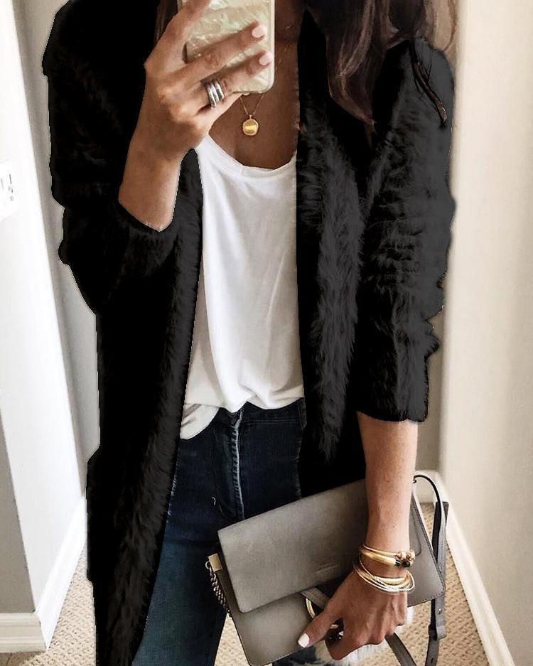 

Fluffy Open Front Pocket Design Coat, Black