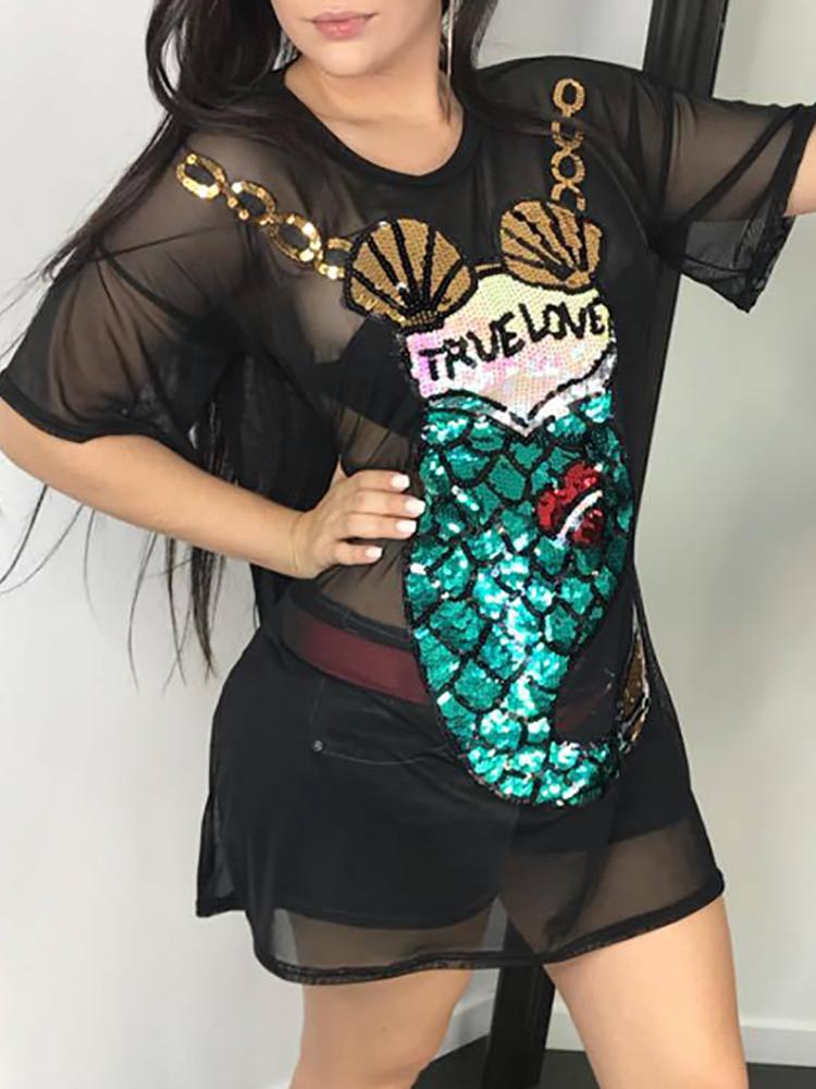 

Alluring Sequined Mermaid Pattern Mesh Dress, Black