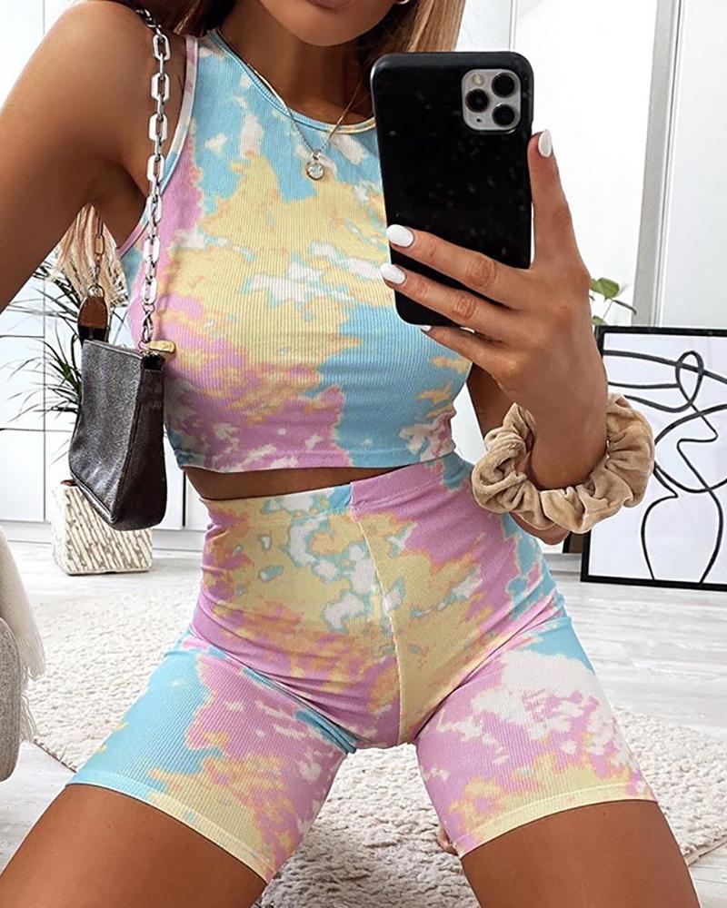 

Tie Dye Print Casual Tank Top & Fitted Shorts Set, Multicolor