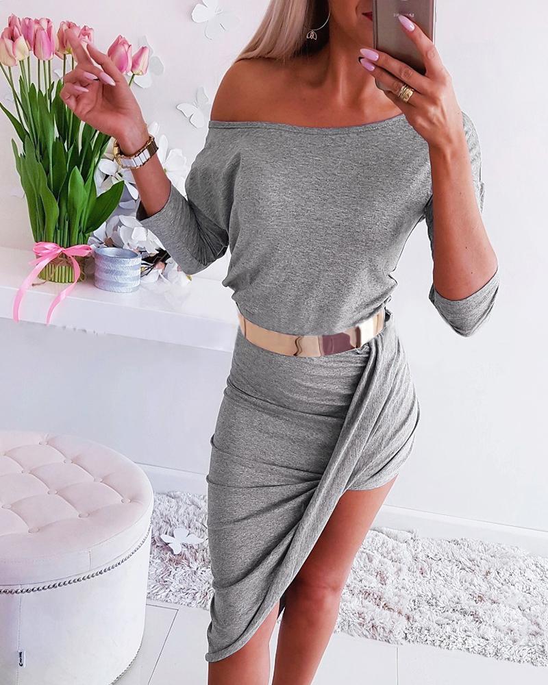 

Off Shoulder Ruched Slit Casual Dress, Gray