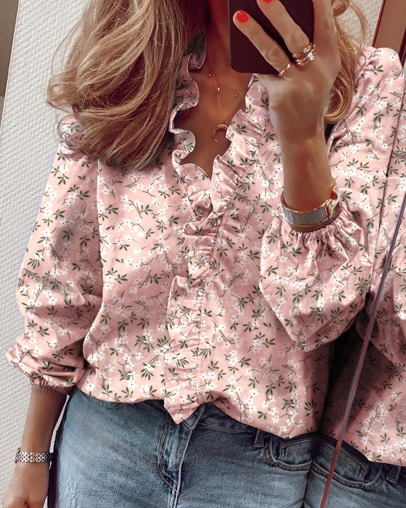 

Long Sleeve Floral Print Ruffles Casual Blouse, Pink