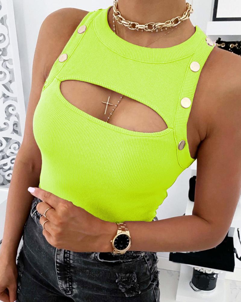 

Cutout Button Design Casual Tank Top, Green