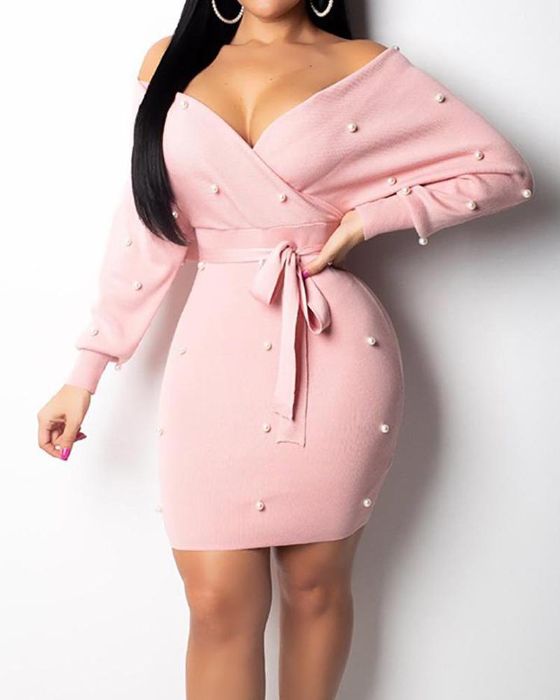 

V Neck Beaded Design Lantern Sleeve Bodycon Dress, Pink